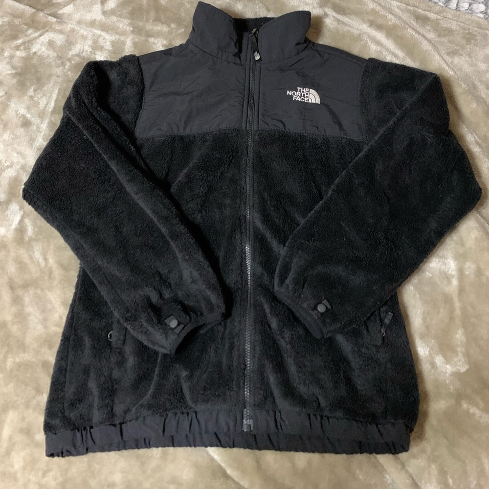 North face black plush zip-up jacket child XL